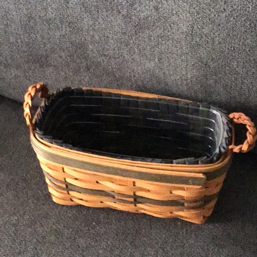 Woven Basket with Handles. Longaberger basket with plastic and navy/green loners